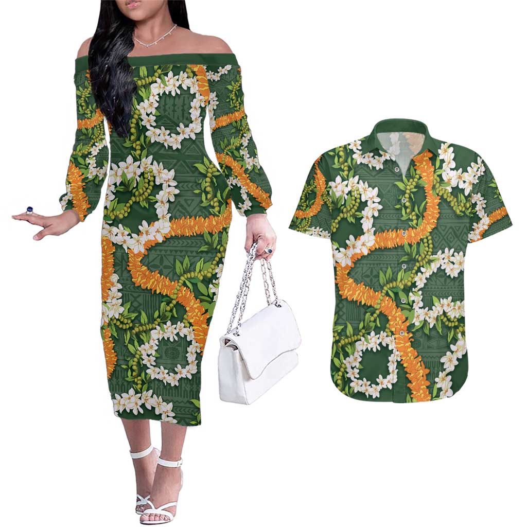 Aloha Festive Hawaii Couples Matching Off The Shoulder Long Sleeve Dress and Hawaiian Shirt Mokihana - Maile and Ilima on Forest Green LT7 Forest Green - Polynesian Pride