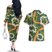 Aloha Festive Hawaii Couples Matching Off The Shoulder Long Sleeve Dress and Hawaiian Shirt Mokihana - Maile and Ilima on Forest Green LT7 - Polynesian Pride