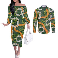 Aloha Festive Hawaii Couples Matching Off The Shoulder Long Sleeve Dress and Long Sleeve Button Shirt Mokihana - Maile and Ilima on Forest Green LT7 Forest Green - Polynesian Pride