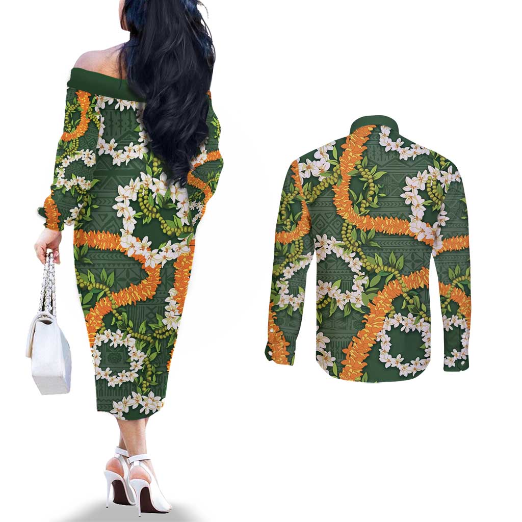 Aloha Festive Hawaii Couples Matching Off The Shoulder Long Sleeve Dress and Long Sleeve Button Shirt Mokihana - Maile and Ilima on Forest Green LT7 - Polynesian Pride