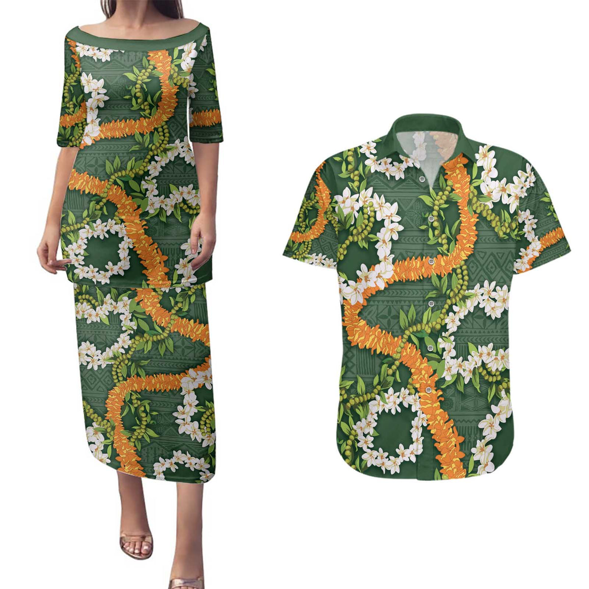 Aloha Festive Hawaii Couples Matching Puletasi and Hawaiian Shirt Mokihana - Maile and Ilima on Forest Green - Polynesian Pride
