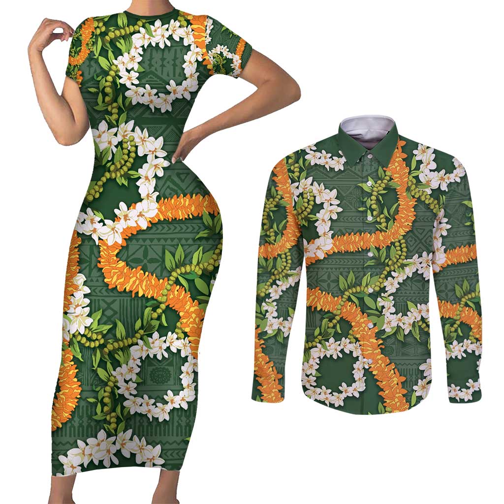 Aloha Festive Hawaii Couples Matching Short Sleeve Bodycon Dress and Long Sleeve Button Shirt Mokihana - Maile and Ilima on Forest Green LT7 Forest Green - Polynesian Pride