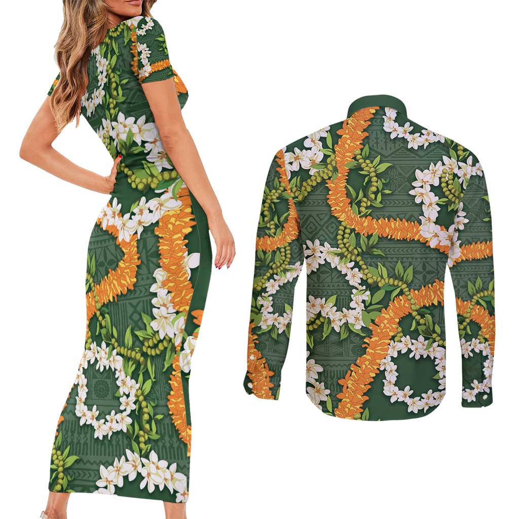 Aloha Festive Hawaii Couples Matching Short Sleeve Bodycon Dress and Long Sleeve Button Shirt Mokihana - Maile and Ilima on Forest Green LT7 - Polynesian Pride