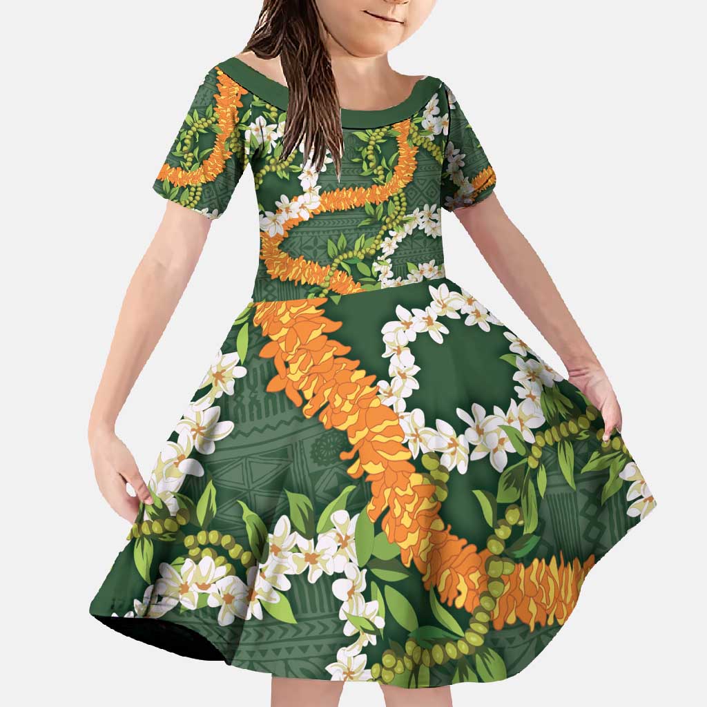 Aloha Festive Hawaii Family Matching Long Sleeve Bodycon Dress and Hawaiian Shirt Mokihana - Maile and Ilima on Forest Green LT7 Daughter's Dress Forest Green - Polynesian Pride