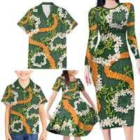 Aloha Festive Hawaii Family Matching Long Sleeve Bodycon Dress and Hawaiian Shirt Mokihana - Maile and Ilima on Forest Green LT7 - Polynesian Pride