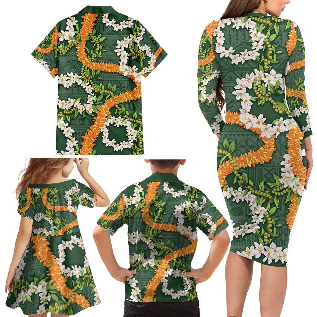 Aloha Festive Hawaii Family Matching Long Sleeve Bodycon Dress and Hawaiian Shirt Mokihana - Maile and Ilima on Forest Green LT7 - Polynesian Pride