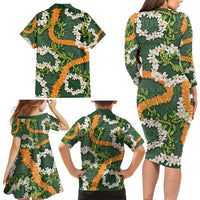 Aloha Festive Hawaii Family Matching Long Sleeve Bodycon Dress and Hawaiian Shirt Mokihana - Maile and Ilima on Forest Green LT7 - Polynesian Pride