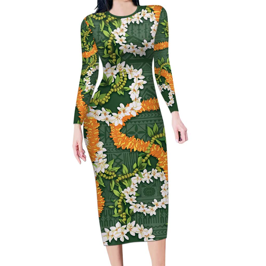 Aloha Festive Hawaii Family Matching Long Sleeve Bodycon Dress and Hawaiian Shirt Mokihana - Maile and Ilima on Forest Green LT7 Mom's Dress Forest Green - Polynesian Pride