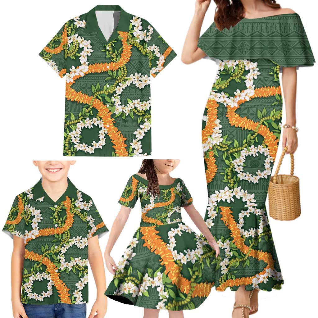 Aloha Festive Hawaii Family Matching Mermaid Dress and Hawaiian Shirt Mokihana - Maile and Ilima on Forest Green LT7 - Polynesian Pride
