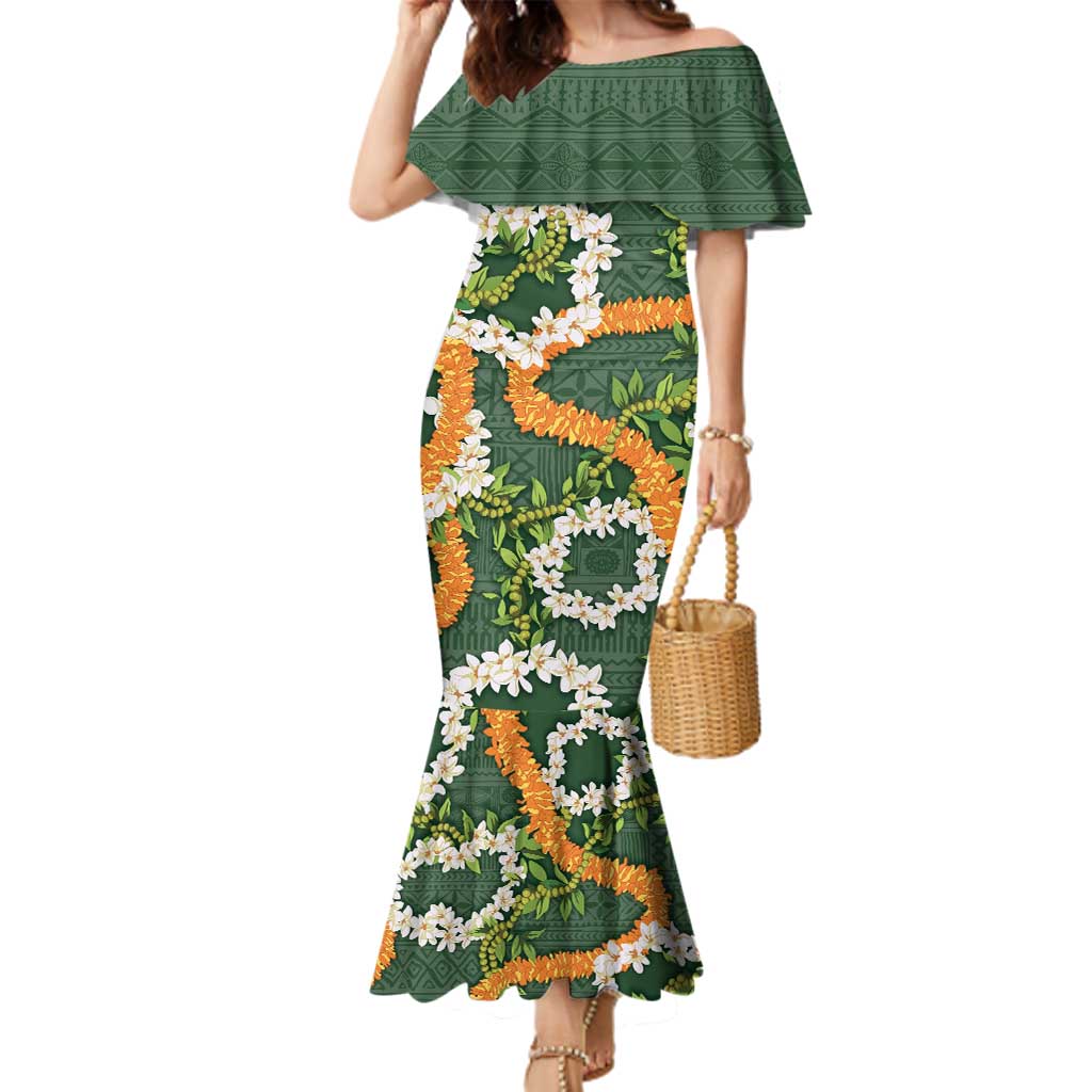 Aloha Festive Hawaii Family Matching Mermaid Dress and Hawaiian Shirt Mokihana - Maile and Ilima on Forest Green LT7 Mom's Dress Forest Green - Polynesian Pride
