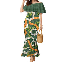 Aloha Festive Hawaii Family Matching Mermaid Dress and Hawaiian Shirt Mokihana - Maile and Ilima on Forest Green LT7 Mom's Dress Forest Green - Polynesian Pride