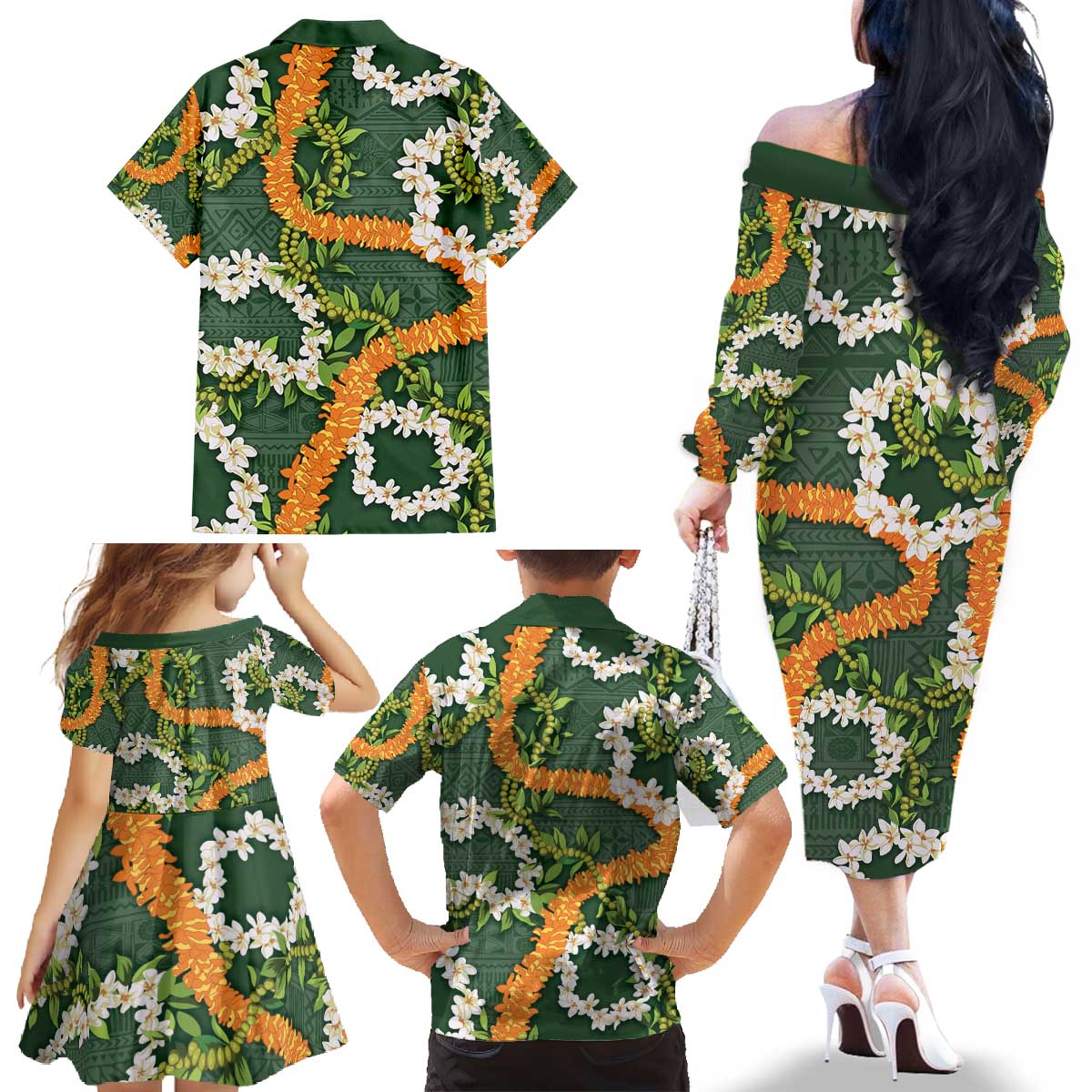 Aloha Festive Hawaii Family Matching Off The Shoulder Long Sleeve Dress and Hawaiian Shirt Mokihana - Maile and Ilima on Forest Green LT7 - Polynesian Pride