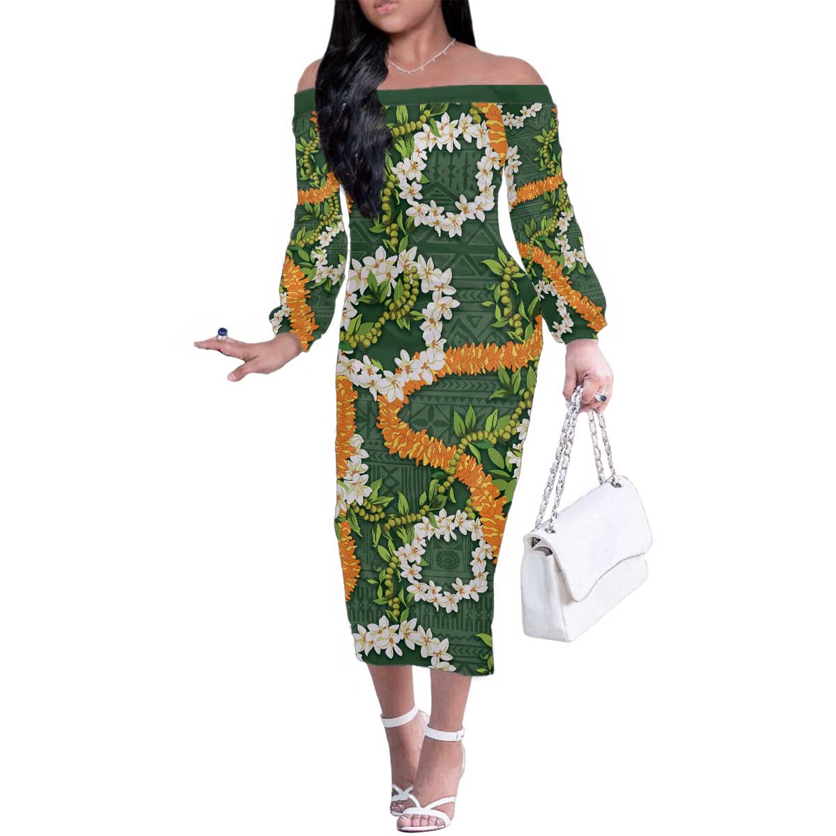 Aloha Festive Hawaii Family Matching Off The Shoulder Long Sleeve Dress and Hawaiian Shirt Mokihana - Maile and Ilima on Forest Green LT7 Mom's Dress Forest Green - Polynesian Pride