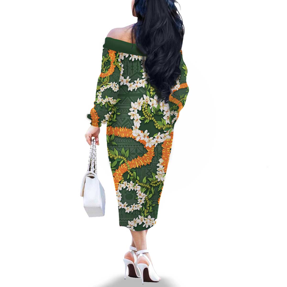 Aloha Festive Hawaii Family Matching Off The Shoulder Long Sleeve Dress and Hawaiian Shirt Mokihana - Maile and Ilima on Forest Green LT7 - Polynesian Pride