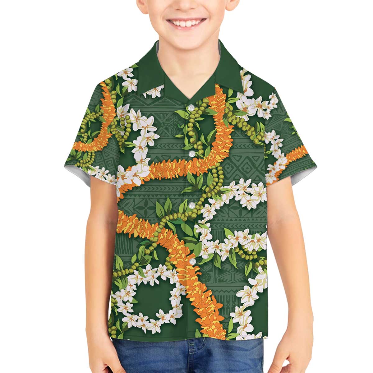 Aloha Festive Hawaii Family Matching Off The Shoulder Long Sleeve Dress and Hawaiian Shirt Mokihana - Maile and Ilima on Forest Green LT7 Son's Shirt Forest Green - Polynesian Pride