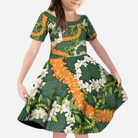 Aloha Festive Hawaii Family Matching Off Shoulder Maxi Dress and Hawaiian Shirt Mokihana - Maile and Ilima on Forest Green LT7 Daughter's Dress Forest Green - Polynesian Pride