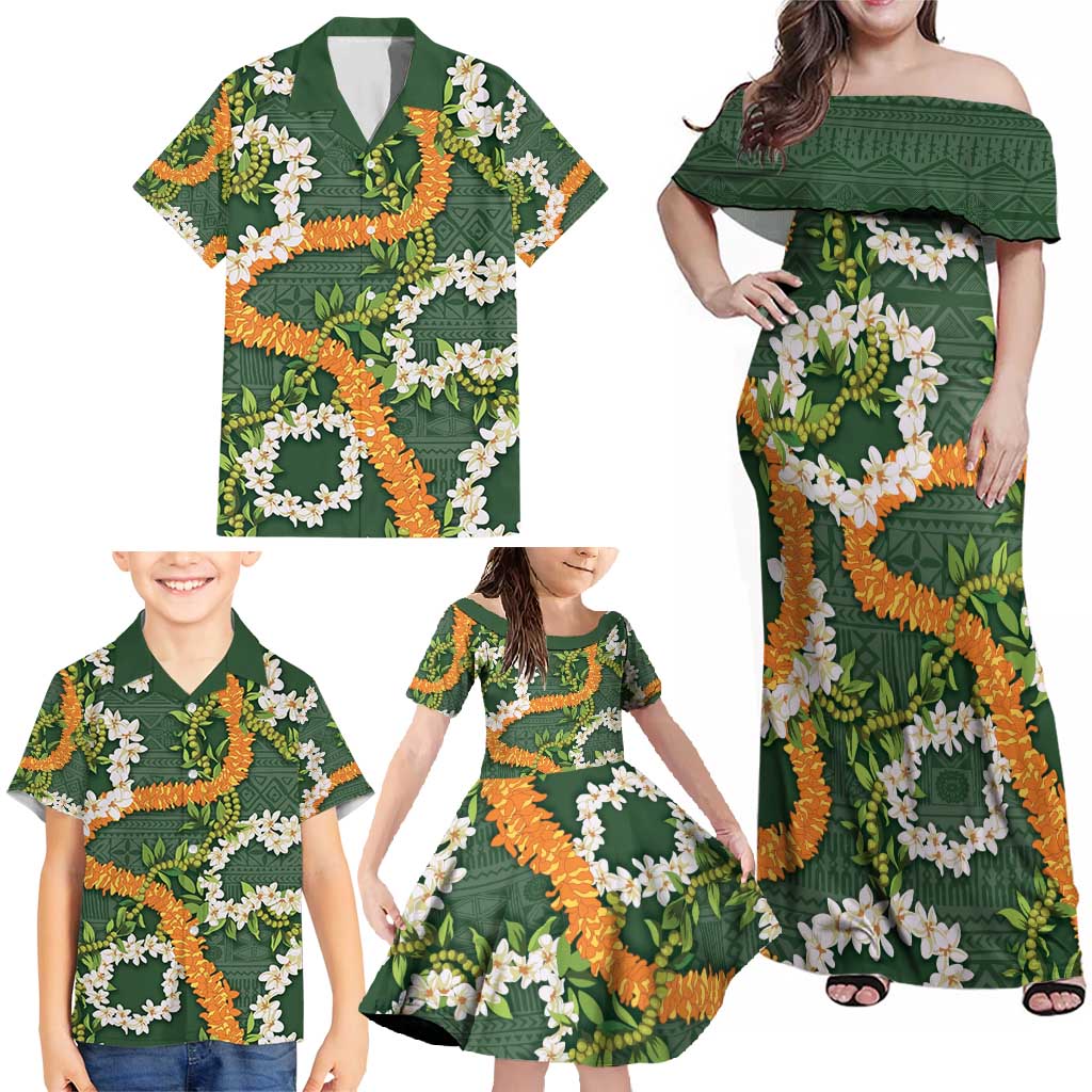 Aloha Festive Hawaii Family Matching Off Shoulder Maxi Dress and Hawaiian Shirt Mokihana - Maile and Ilima on Forest Green LT7 - Polynesian Pride