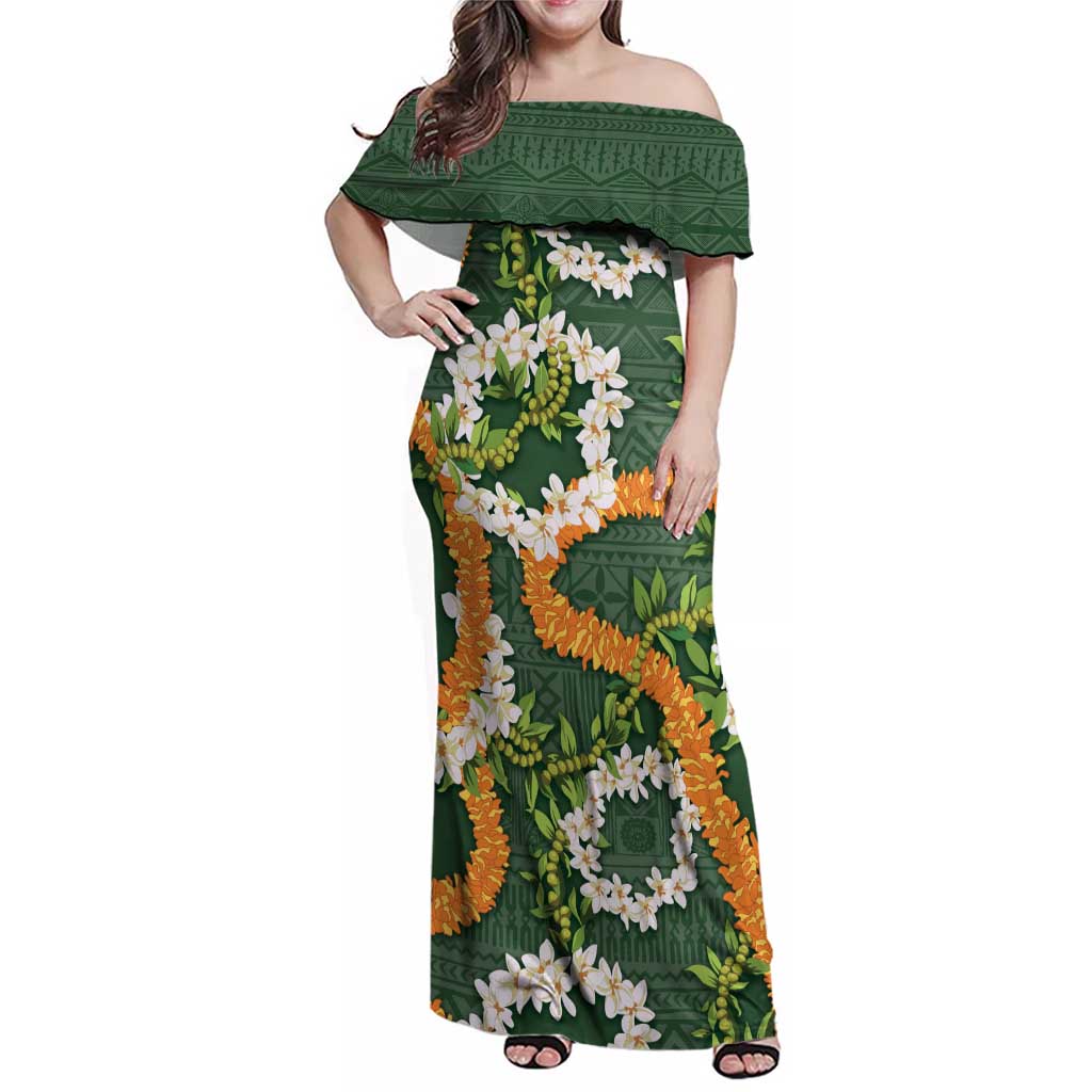 Aloha Festive Hawaii Family Matching Off Shoulder Maxi Dress and Hawaiian Shirt Mokihana - Maile and Ilima on Forest Green LT7 Mom's Dress Forest Green - Polynesian Pride