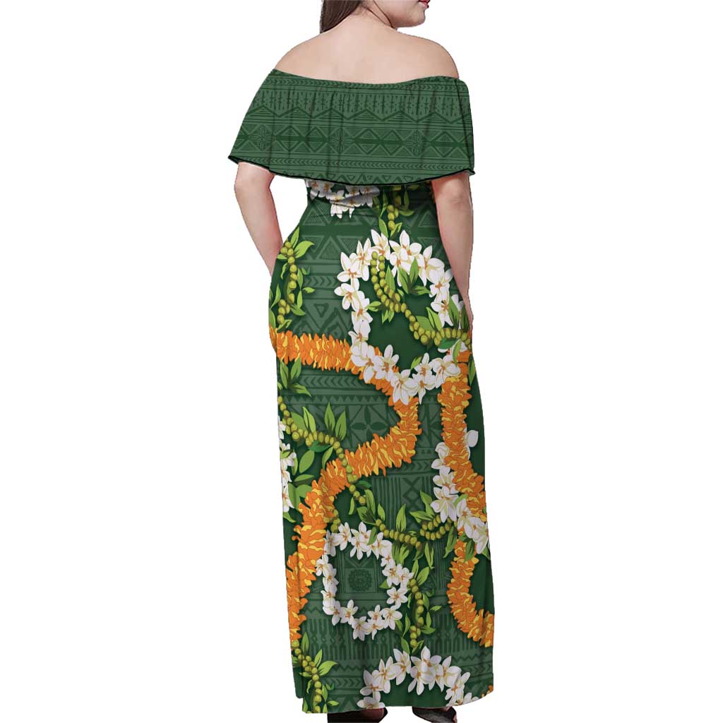 Aloha Festive Hawaii Family Matching Off Shoulder Maxi Dress and Hawaiian Shirt Mokihana - Maile and Ilima on Forest Green LT7 - Polynesian Pride