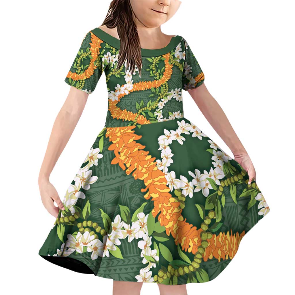 Aloha Festive Hawaii Family Matching Off Shoulder Short Dress and Hawaiian Shirt Mokihana - Maile and Ilima on Forest Green LT7 Daughter's Dress Forest Green - Polynesian Pride