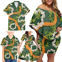 Aloha Festive Hawaii Family Matching Off Shoulder Short Dress and Hawaiian Shirt Mokihana - Maile and Ilima on Forest Green LT7 - Polynesian Pride