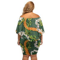 Aloha Festive Hawaii Family Matching Off Shoulder Short Dress and Hawaiian Shirt Mokihana - Maile and Ilima on Forest Green LT7 - Polynesian Pride