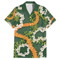 Aloha Festive Hawaii Family Matching Puletasi and Hawaiian Shirt Mokihana - Maile and Ilima on Forest Green LT7 Dad's Shirt - Short Sleeve Forest Green - Polynesian Pride