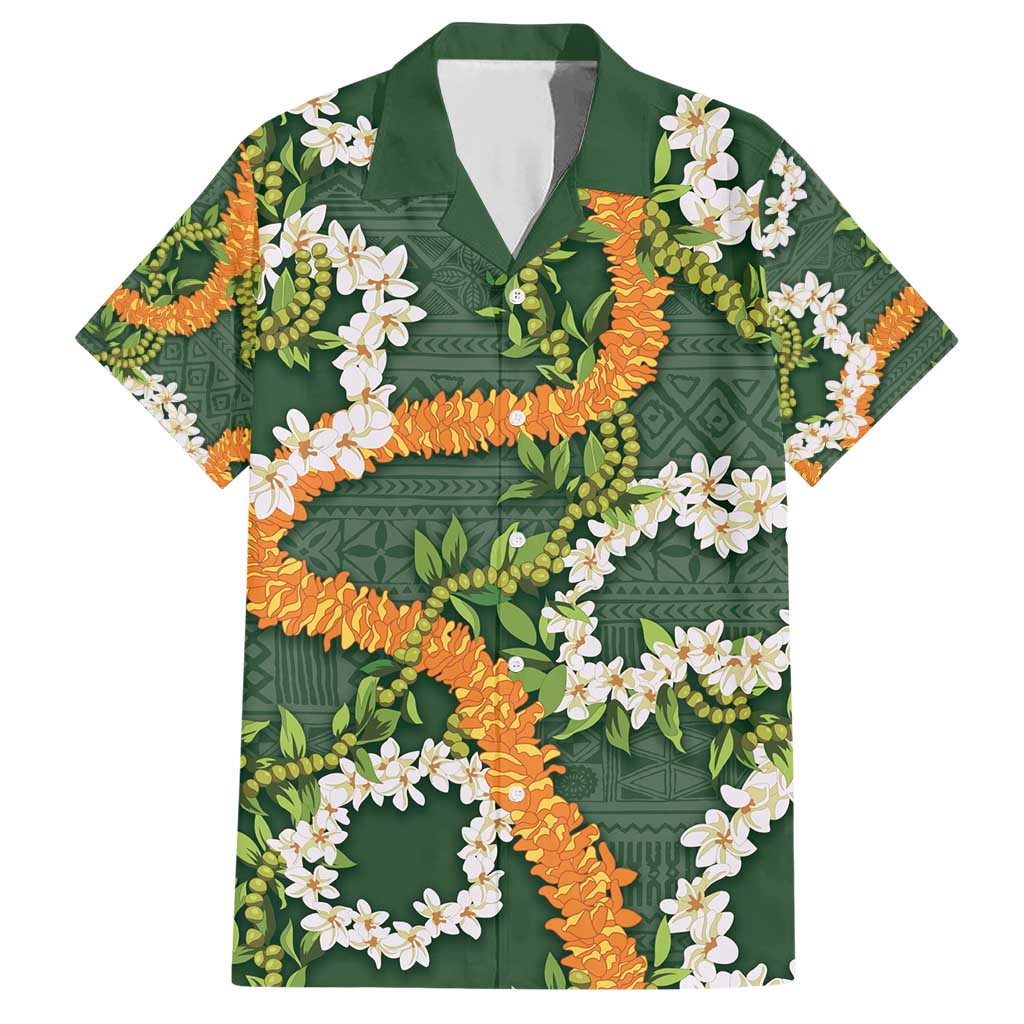 Aloha Festive Hawaii Family Matching Short Sleeve Bodycon Dress and Hawaiian Shirt Mokihana - Maile and Ilima on Forest Green LT7 Dad's Shirt - Short Sleeve Forest Green - Polynesian Pride