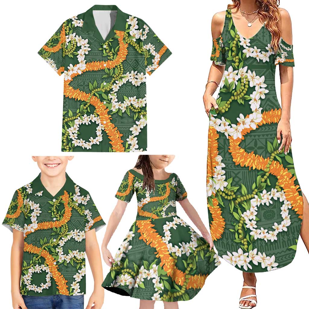 Aloha Festive Hawaii Family Matching Summer Maxi Dress and Hawaiian Shirt Mokihana - Maile and Ilima on Forest Green LT7 - Polynesian Pride
