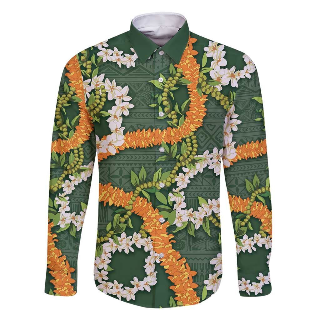 Aloha Festive Hawaii Family Matching Summer Maxi Dress and Hawaiian Shirt Mokihana - Maile and Ilima on Forest Green LT7 Dad's Shirt - Long Sleeve Forest Green - Polynesian Pride