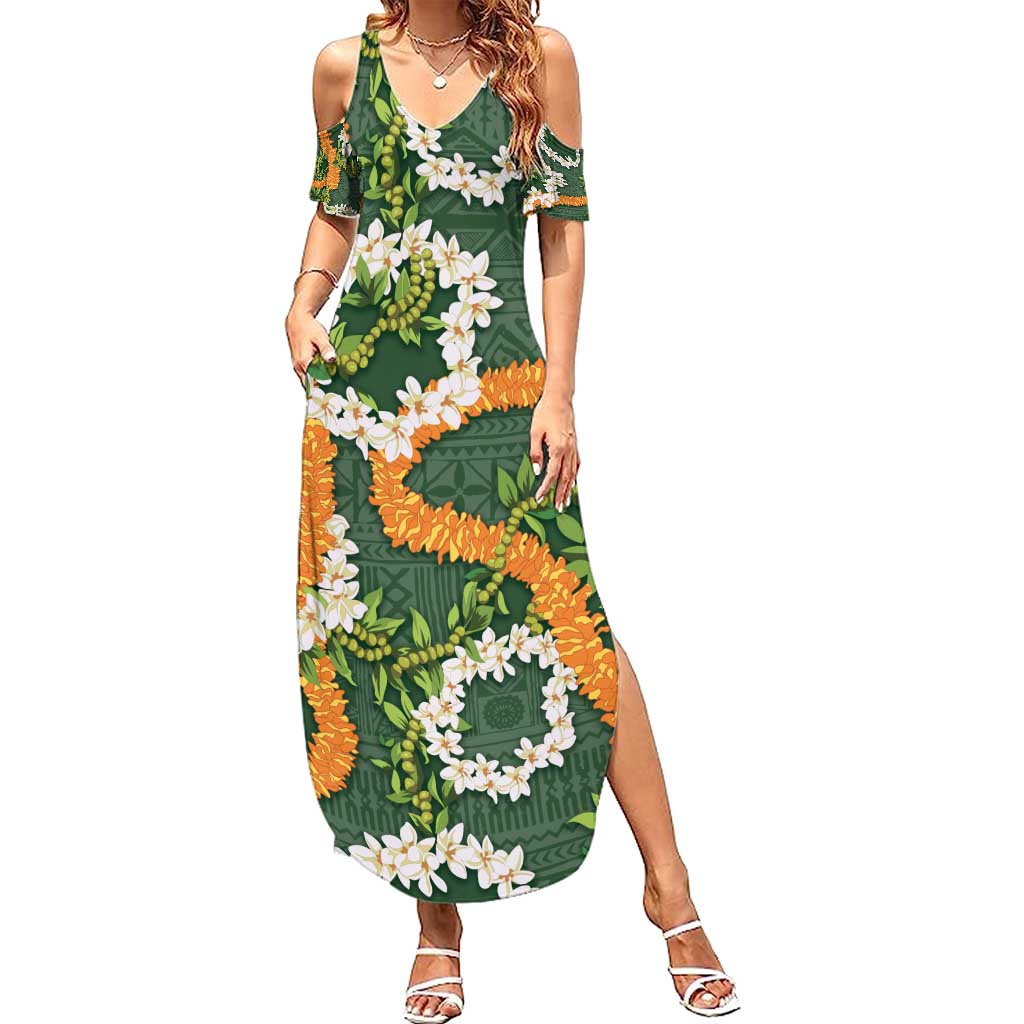 Aloha Festive Hawaii Family Matching Summer Maxi Dress and Hawaiian Shirt Mokihana - Maile and Ilima on Forest Green LT7 Mom's Dress Forest Green - Polynesian Pride