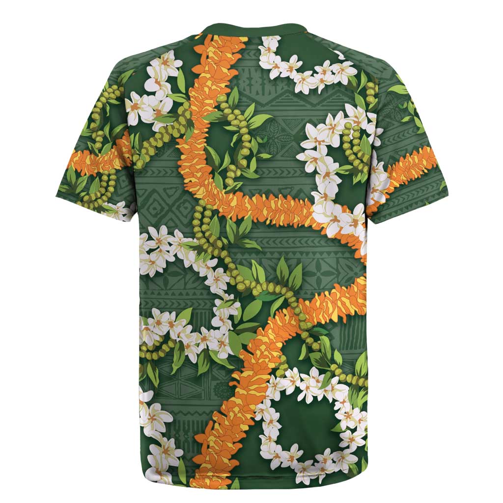 Aloha Festive Hawaii Rugby Jersey Mokihana - Maile and Ilima on Forest Green - Polynesian Pride