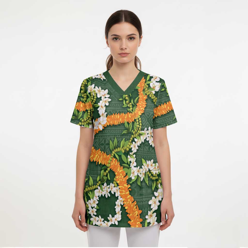 Aloha Festive Hawaii Scrub Top Mokihana - Maile and Ilima on Forest Green - Polynesian Pride