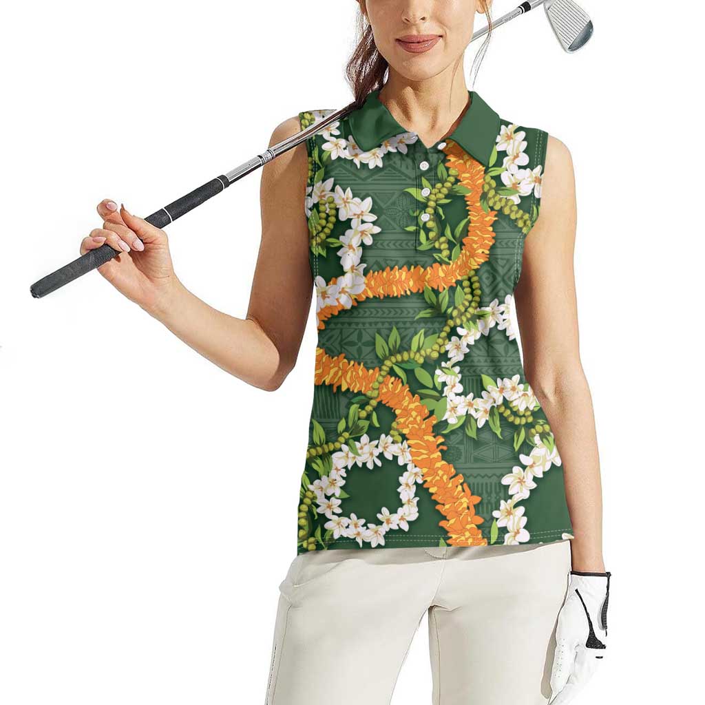 Aloha Festive Hawaii Women Sleeveless Polo Shirt Mokihana - Maile and Ilima on Forest Green - Polynesian Pride