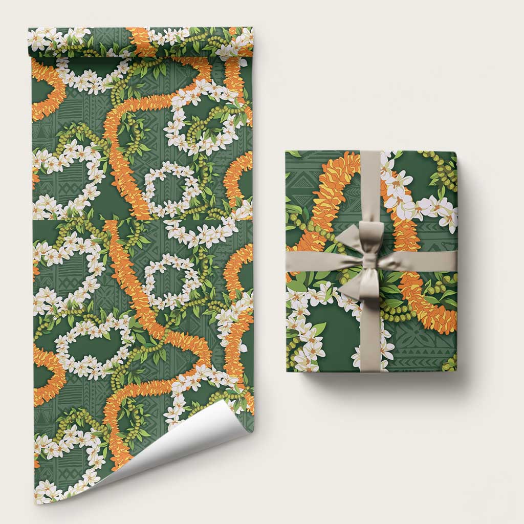 Aloha Festive Hawaii Wrapping Paper Mokihana - Maile and Ilima on Forest Green