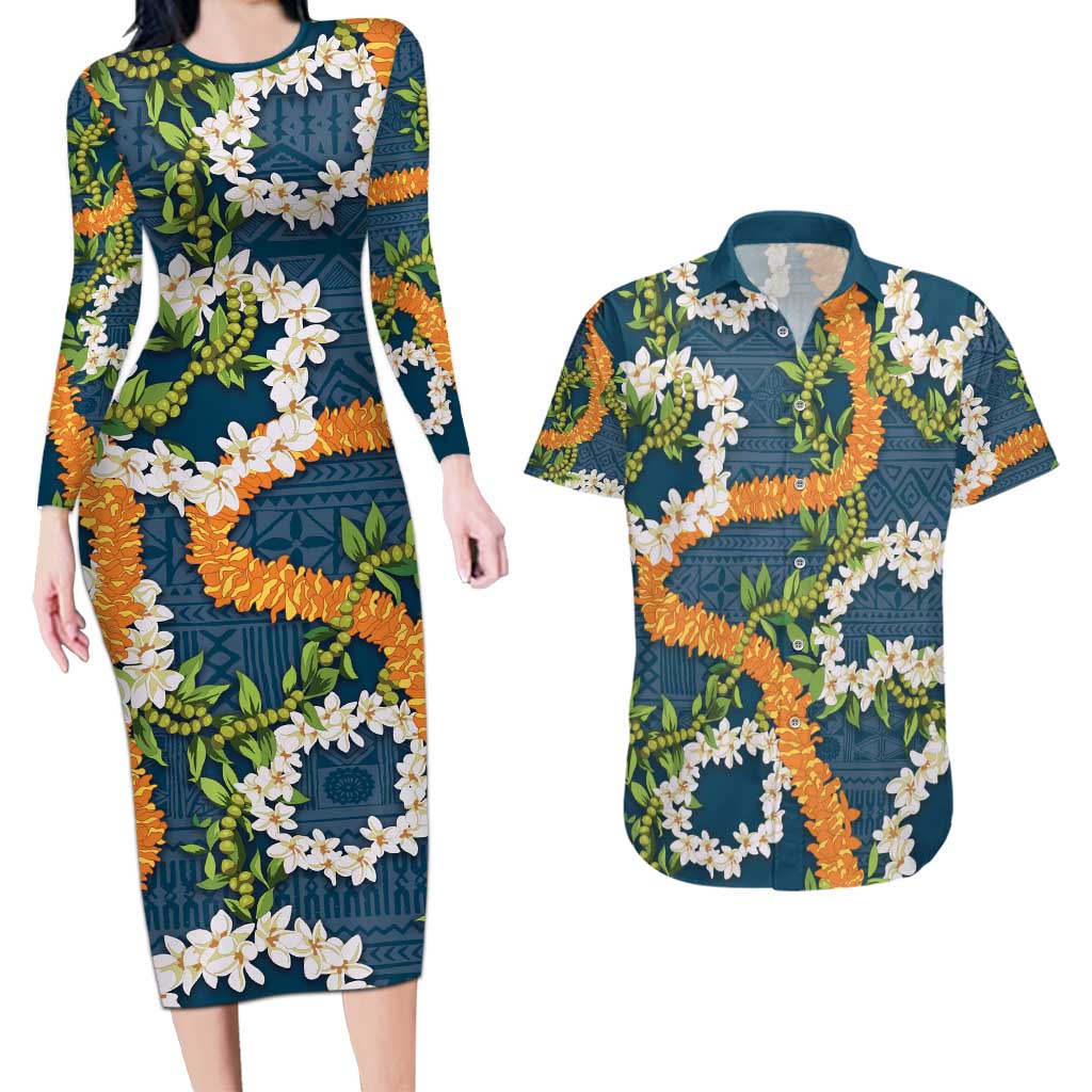 Aloha Festive Hawaii Couples Matching Long Sleeve Bodycon Dress and Hawaiian Shirt Mokihana - Maile and Ilima on Navy Blue LT7 Navy Blue - Polynesian Pride