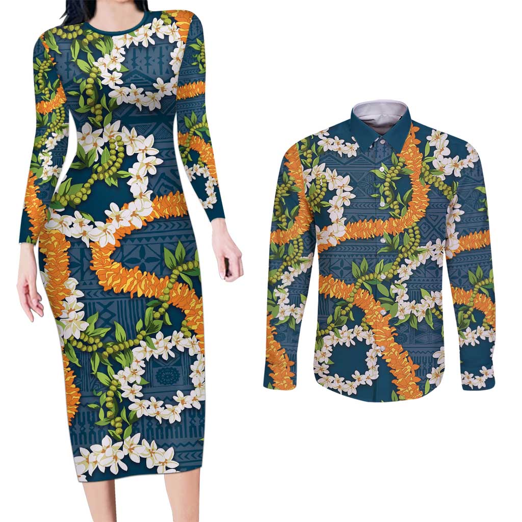 Aloha Festive Hawaii Couples Matching Long Sleeve Bodycon Dress and Long Sleeve Button Shirt Mokihana - Maile and Ilima on Navy Blue - Polynesian Pride