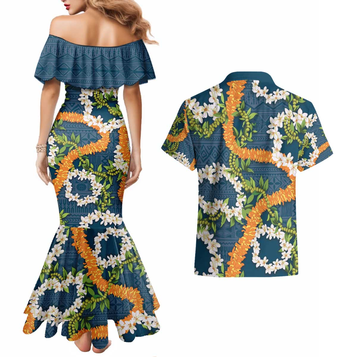 Aloha Festive Hawaii Couples Matching Mermaid Dress and Hawaiian Shirt Mokihana - Maile and Ilima on Navy Blue LT7 - Polynesian Pride