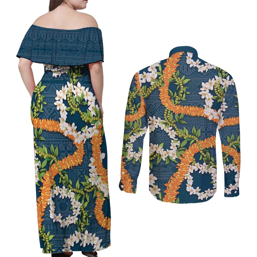 Aloha Festive Hawaii Couples Matching Off Shoulder Maxi Dress and Long Sleeve Button Shirt Mokihana - Maile and Ilima on Navy Blue - Polynesian Pride