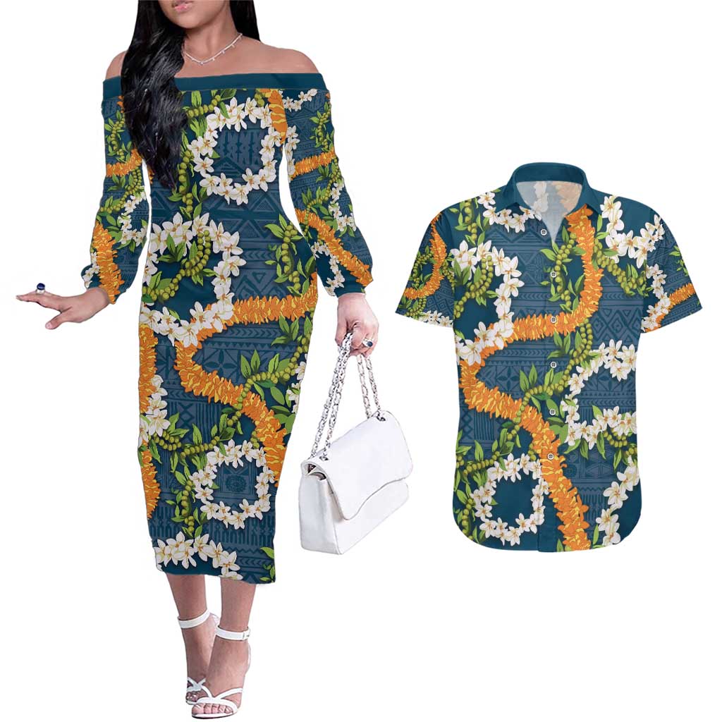 Aloha Festive Hawaii Couples Matching Off The Shoulder Long Sleeve Dress and Hawaiian Shirt Mokihana - Maile and Ilima on Navy Blue LT7 Navy Blue - Polynesian Pride