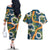 Aloha Festive Hawaii Couples Matching Off The Shoulder Long Sleeve Dress and Hawaiian Shirt Mokihana - Maile and Ilima on Navy Blue - Polynesian Pride