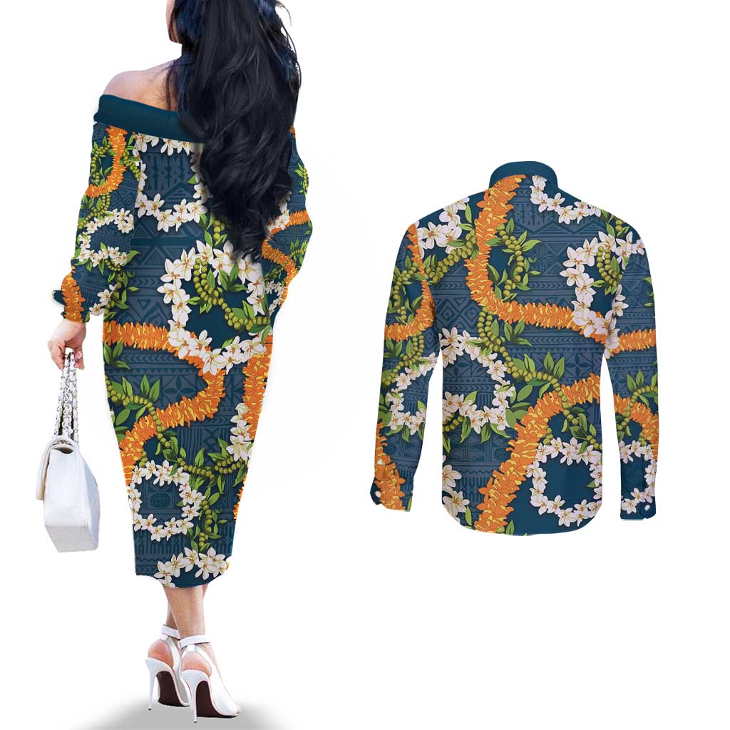 Aloha Festive Hawaii Couples Matching Off The Shoulder Long Sleeve Dress and Long Sleeve Button Shirt Mokihana - Maile and Ilima on Navy Blue - Polynesian Pride