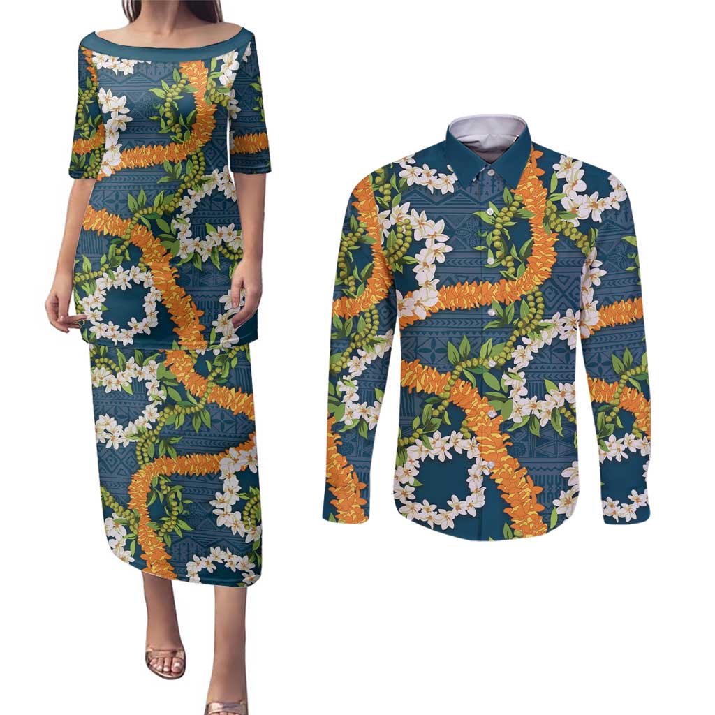 Aloha Festive Hawaii Couples Matching Puletasi and Long Sleeve Button Shirt Mokihana - Maile and Ilima on Navy Blue - Polynesian Pride