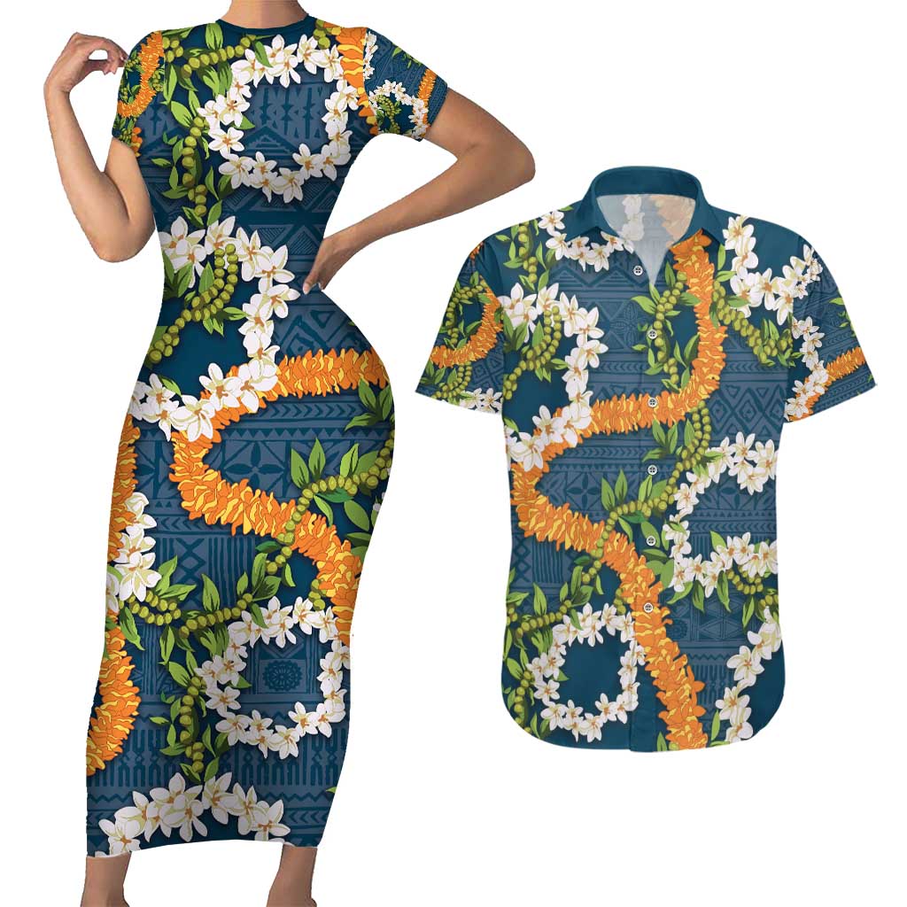 Aloha Festive Hawaii Couples Matching Short Sleeve Bodycon Dress and Hawaiian Shirt Mokihana - Maile and Ilima on Navy Blue LT7 Navy Blue - Polynesian Pride