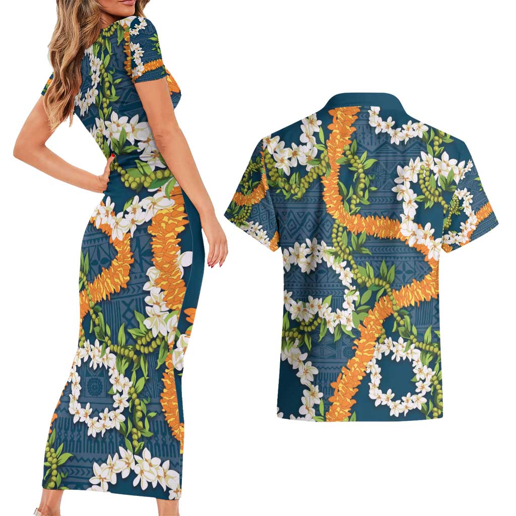 Aloha Festive Hawaii Couples Matching Short Sleeve Bodycon Dress and Hawaiian Shirt Mokihana - Maile and Ilima on Navy Blue LT7 - Polynesian Pride