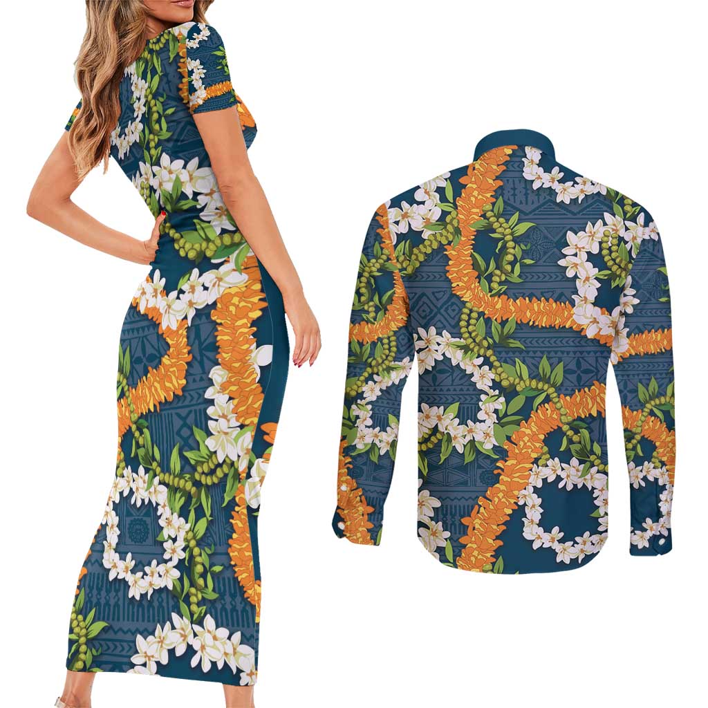 Aloha Festive Hawaii Couples Matching Short Sleeve Bodycon Dress and Long Sleeve Button Shirt Mokihana - Maile and Ilima on Navy Blue - Polynesian Pride