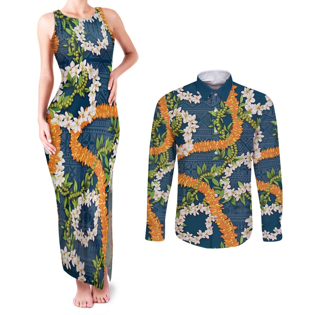 Aloha Festive Hawaii Couples Matching Tank Maxi Dress and Long Sleeve Button Shirt Mokihana - Maile and Ilima on Navy Blue - Polynesian Pride