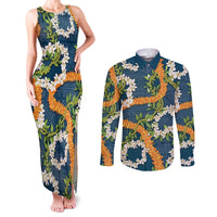 Aloha Festive Hawaii Couples Matching Tank Maxi Dress and Long Sleeve Button Shirt Mokihana - Maile and Ilima on Navy Blue - Polynesian Pride