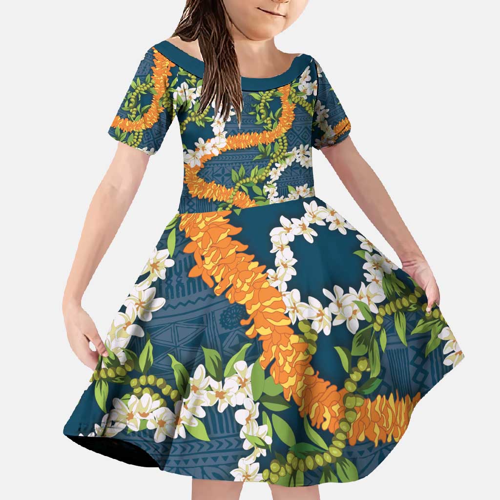 Aloha Festive Hawaii Family Matching Long Sleeve Bodycon Dress and Hawaiian Shirt Mokihana - Maile and Ilima on Navy Blue LT7 Daughter's Dress Navy Blue - Polynesian Pride