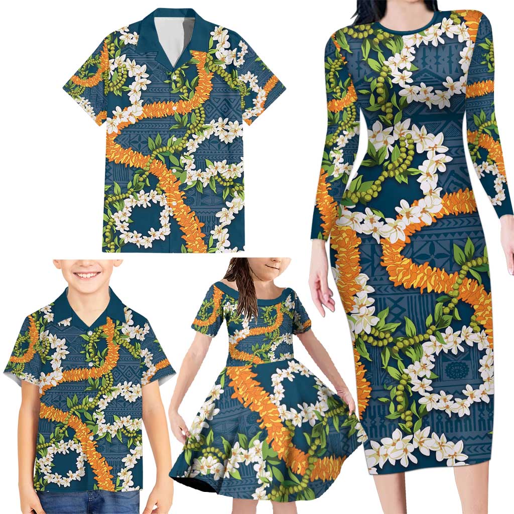 Aloha Festive Hawaii Family Matching Long Sleeve Bodycon Dress and Hawaiian Shirt Mokihana - Maile and Ilima on Navy Blue LT7 - Polynesian Pride